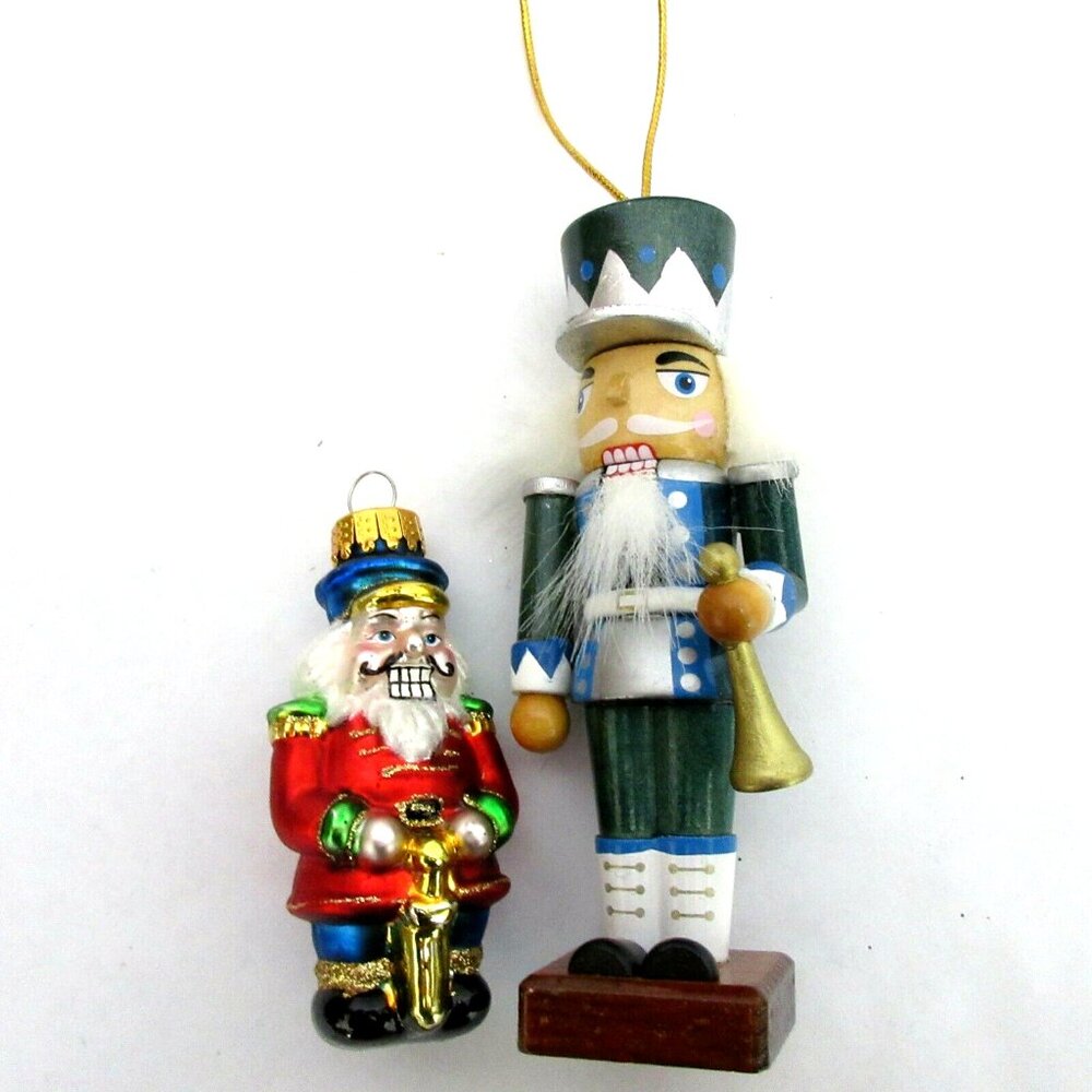 5” Wood Soldier and 3” Blown Glass Nutcracker Christmas Tree Ornaments Set of 2